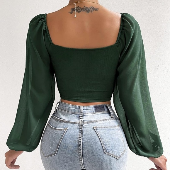 Dark Green Crop Top Scrunch Tie Long Puffer Sheer Sleeve - Picture 3 of 5